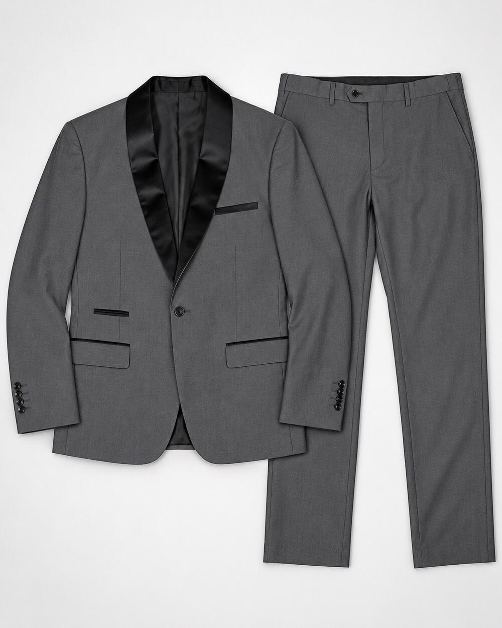 Men’s Size L Charcoal Gray Tuxedo Suit 2 Piece Satin Lapel Jacket Pants